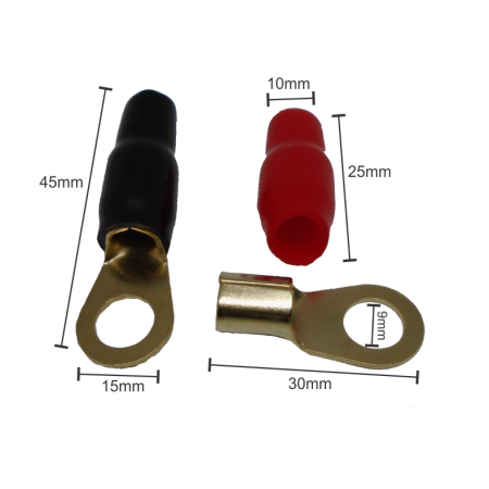 520-928 Kit de 4 Terminales con Aislante Tipo de Ojillo para Cables Calibre 6AWG, Color Rojo y Negro