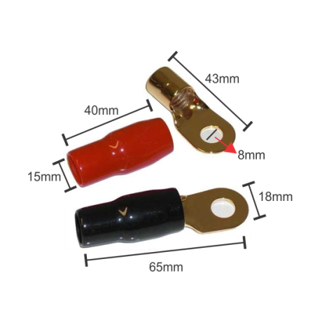 520-934 Kit de 4 Terminales con Aislante Tipo de Ojillo para Cables Calibre 0 AWG, Color Rojo y Negro