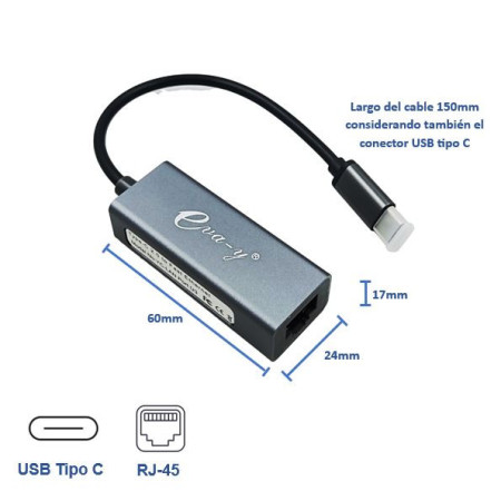 130-1004 Adaptador USB 2.0 Tipo C a Puerto de Red LAN Ethernet Internet RJ45