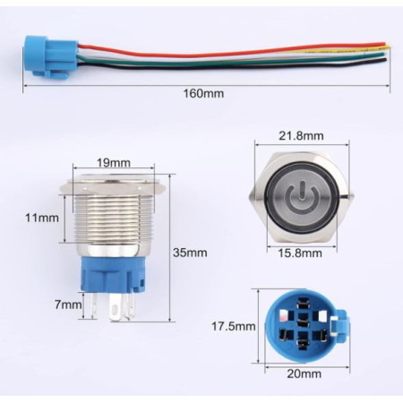 835-306 Interruptor Uso Rudo ON-OFF 1P 2T, 3A 12-24V Con Piloto Azul, Metálico, Diámetro 19mm